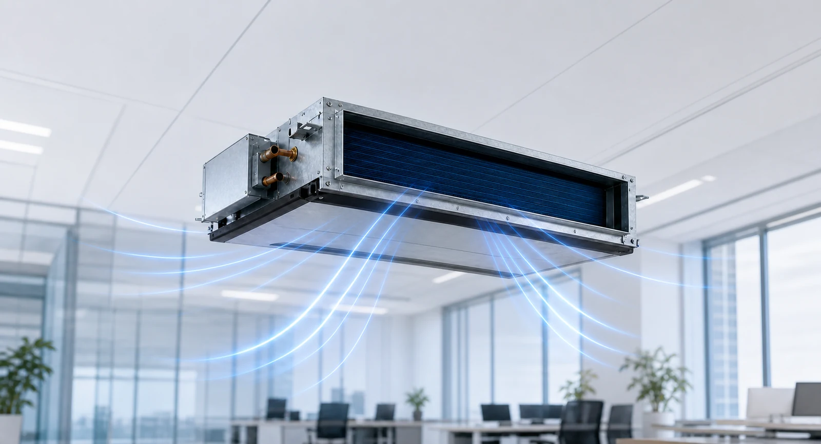 A concealed ducted fan coil and its ceiling air-distribution arrangement.