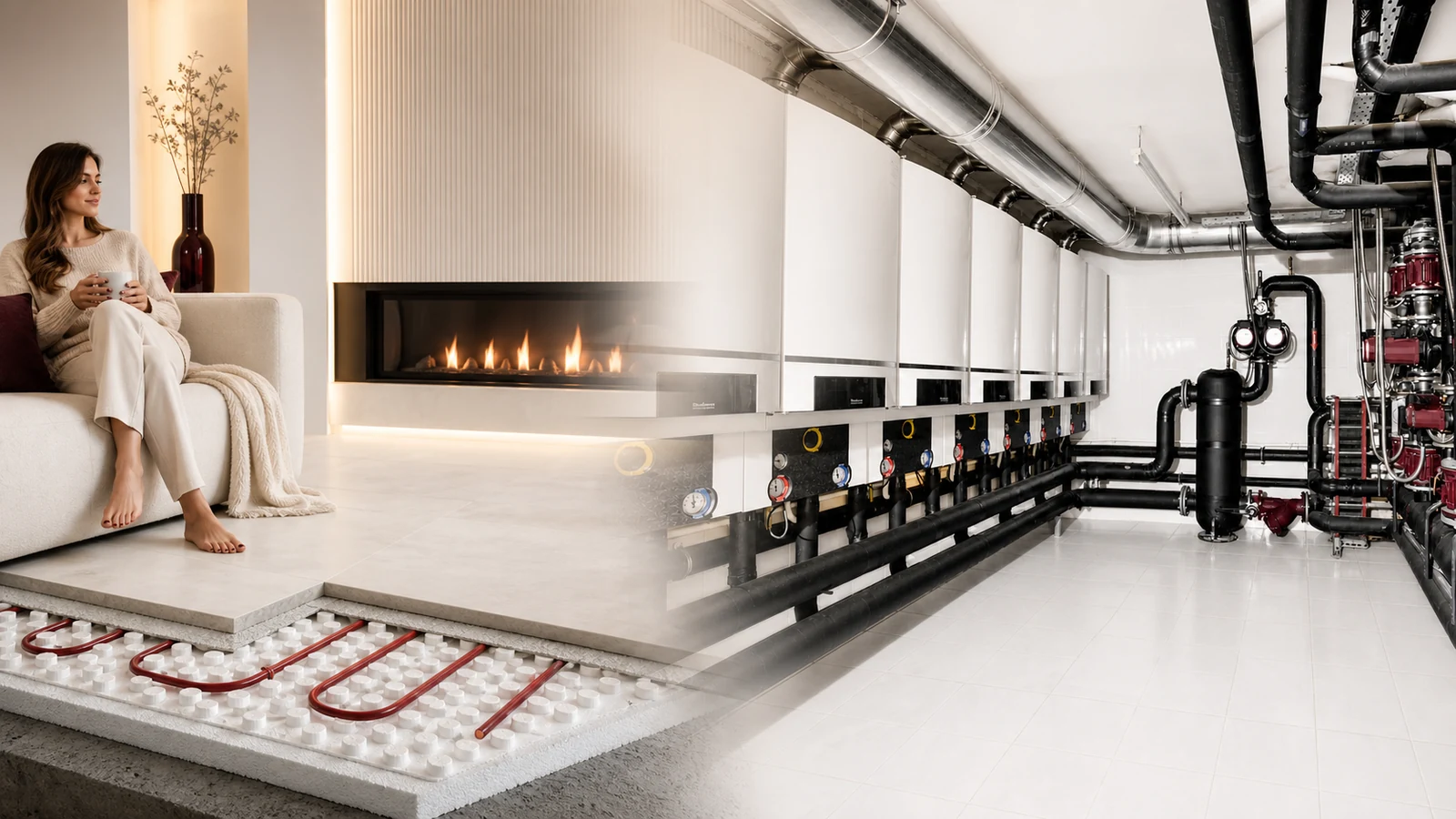 A living space, underfloor heating assembly and cascade boiler plant.