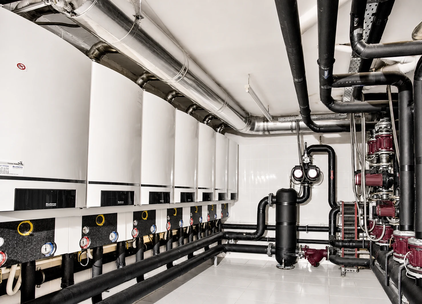 Multiple wall-mounted boilers connected to shared plant-room pipework.