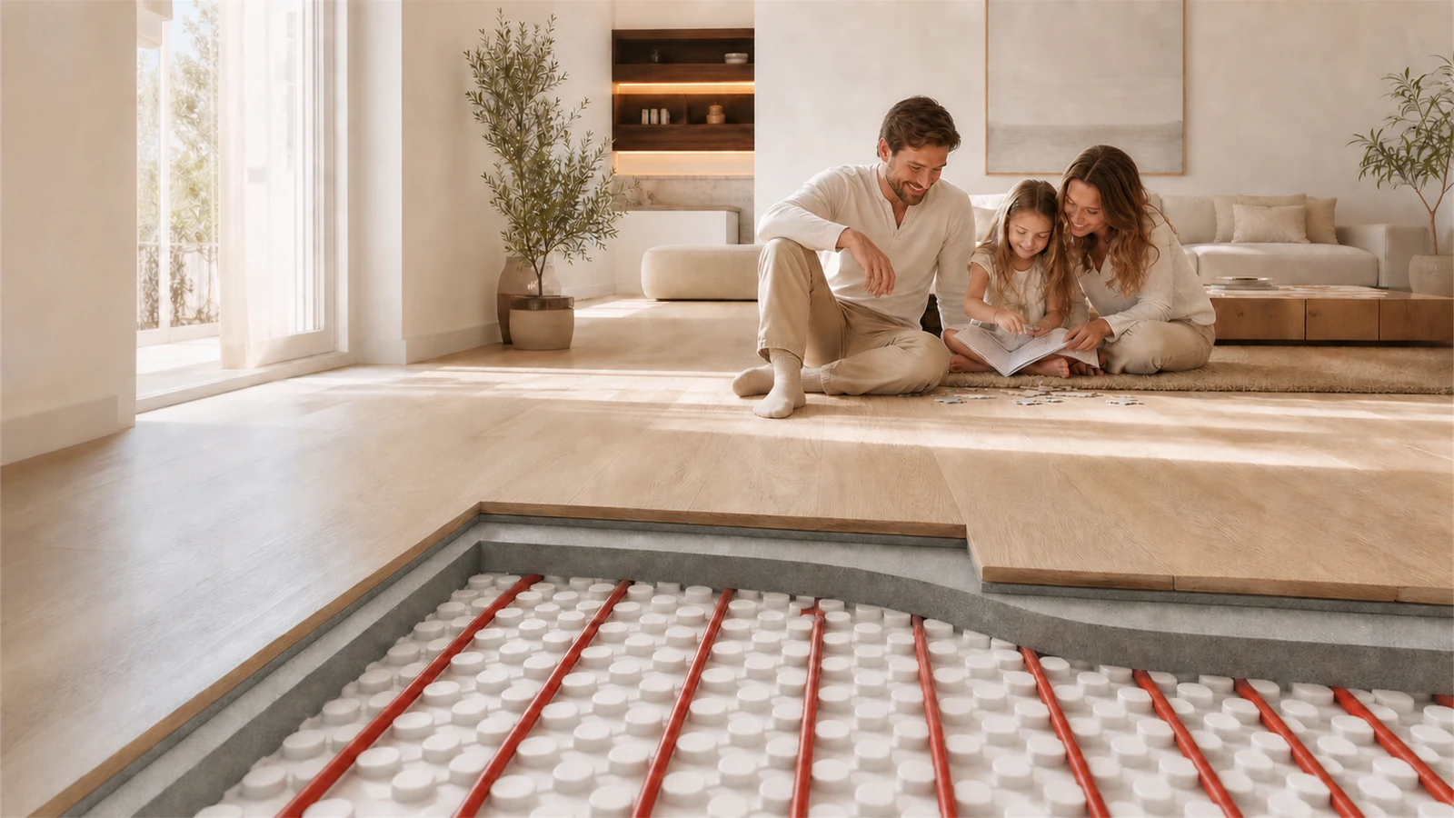 Underfloor heating pipework beneath a residential living area.