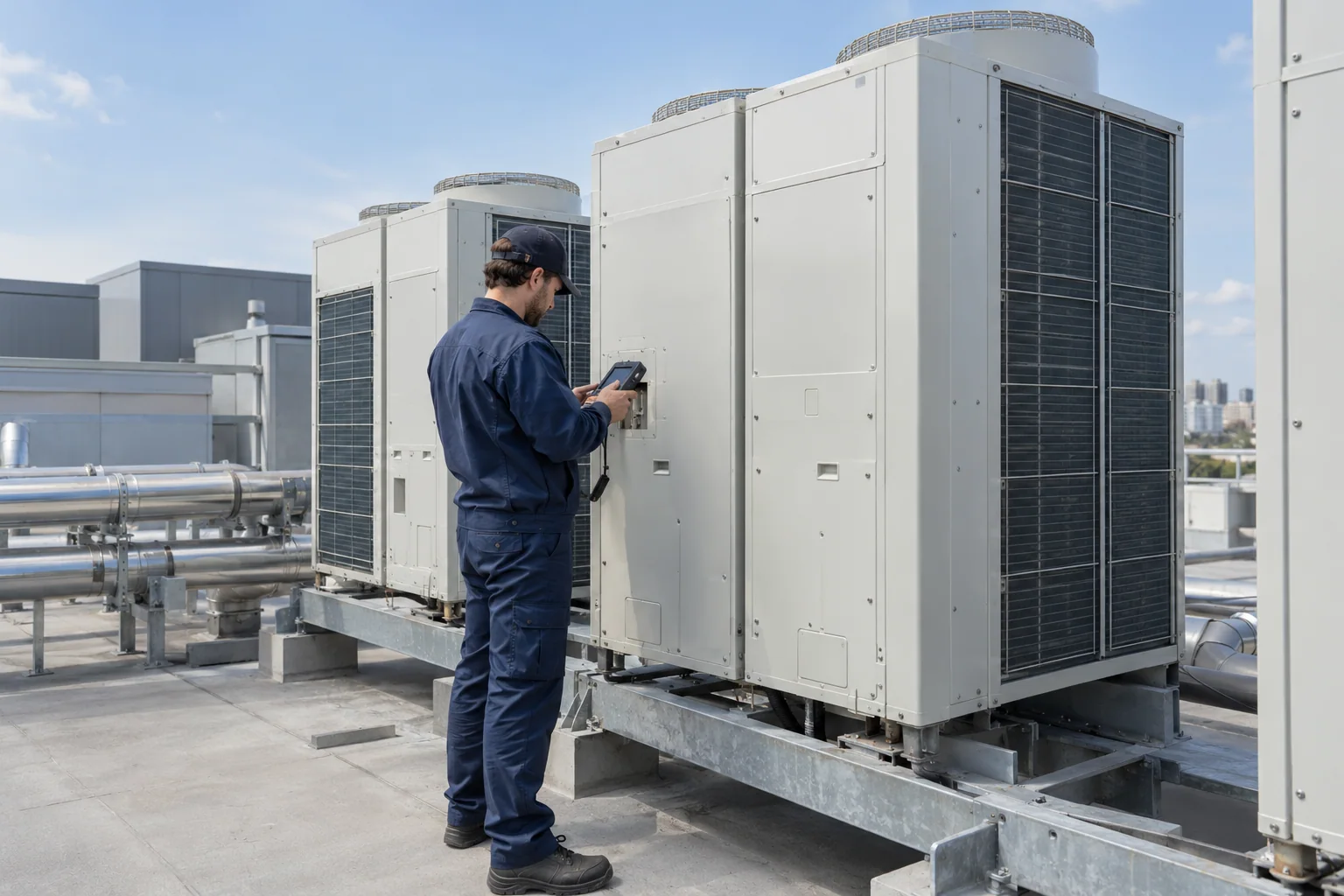 Beyaz VRF dış ünitelerini kontrol eden teknisyenin temsili servis görseli