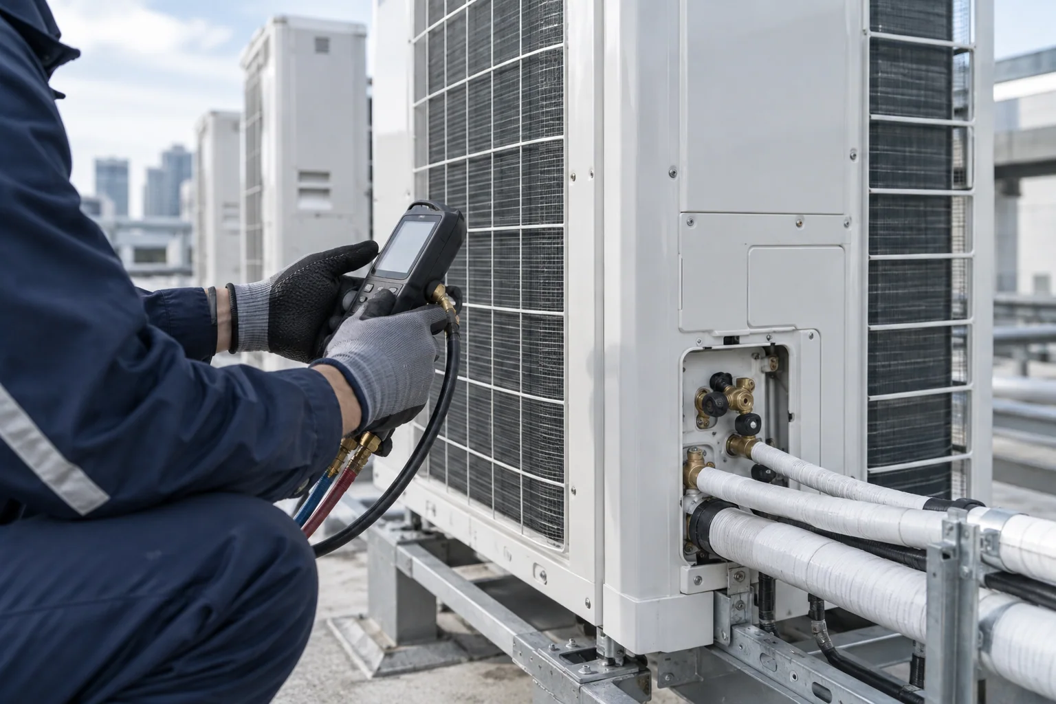 VRF servis bağlantılarında teknik incelemeyi temsil eden görsel