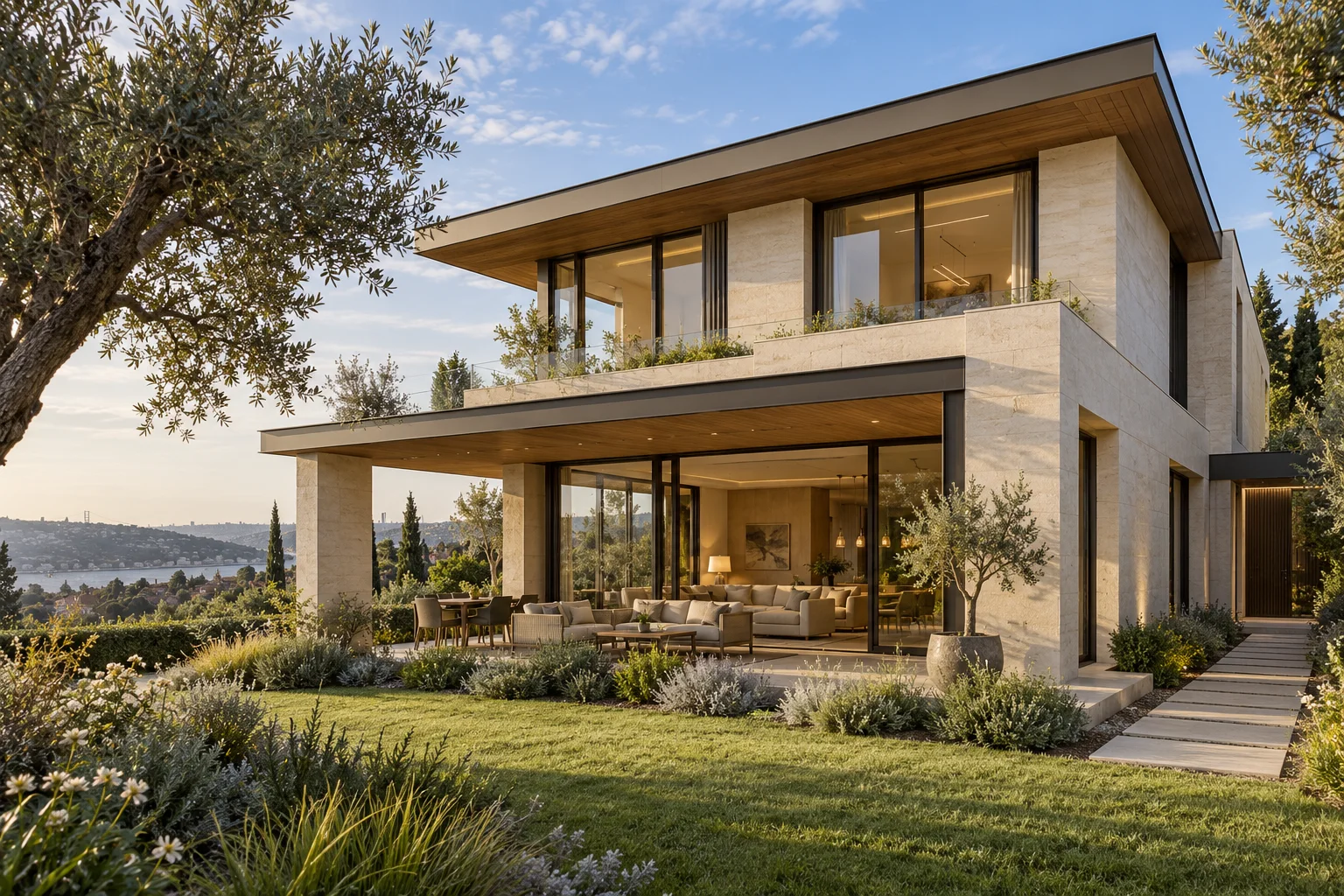 Taş cephe, geniş cam açıklıkları ve bahçeyle bütünleşen iki katlı modern villa mimarisi