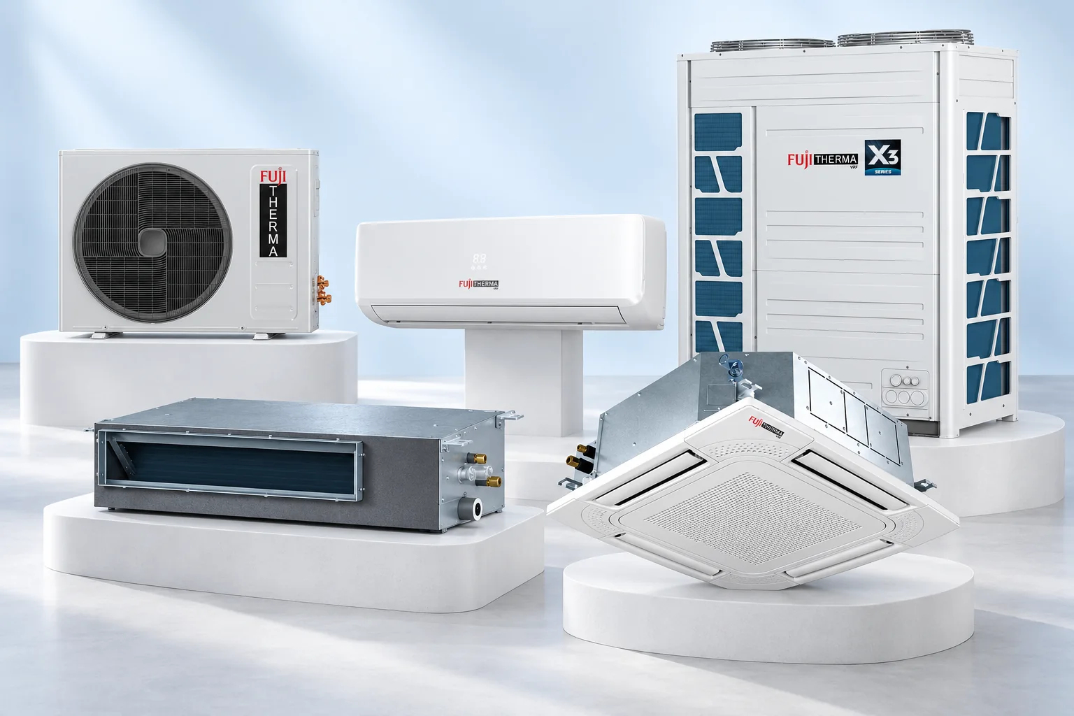 FujiTherma VRF dış üniteleri ve farklı tipte iç ünitelerin ürün vitrini