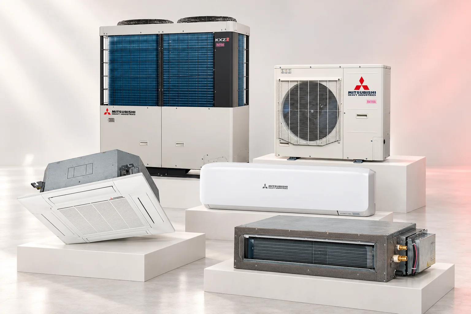 Mitsubishi Heavy VRF dış üniteleri ve farklı tipte iç ünitelerin ürün vitrini